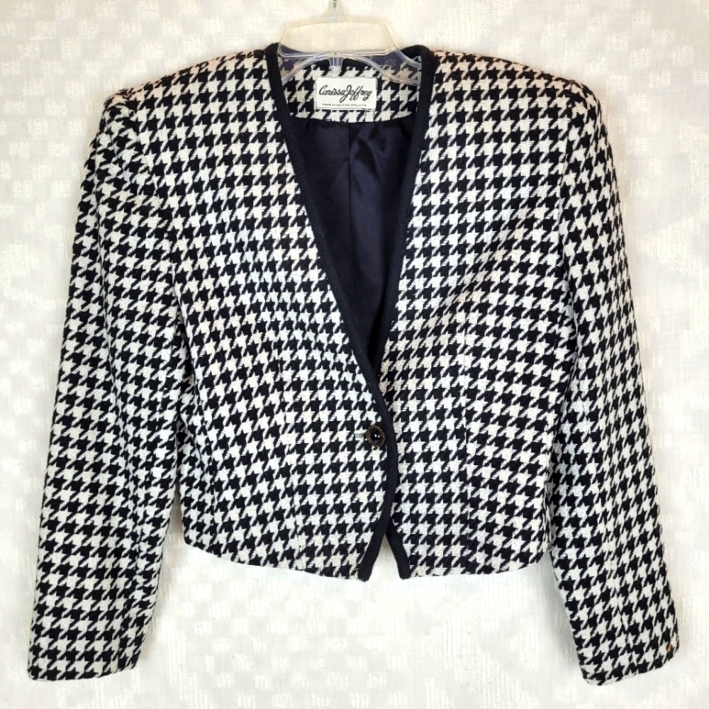 Carissa Jeffrey vintage black white houndstooth cropped lined blazer 80's lady 6 - Picture 3 of 12
